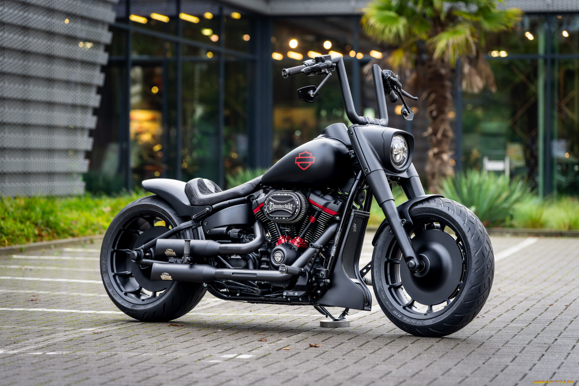 , harley-davidson, softail, fat, boy, customized, custombikes, dark, inferno